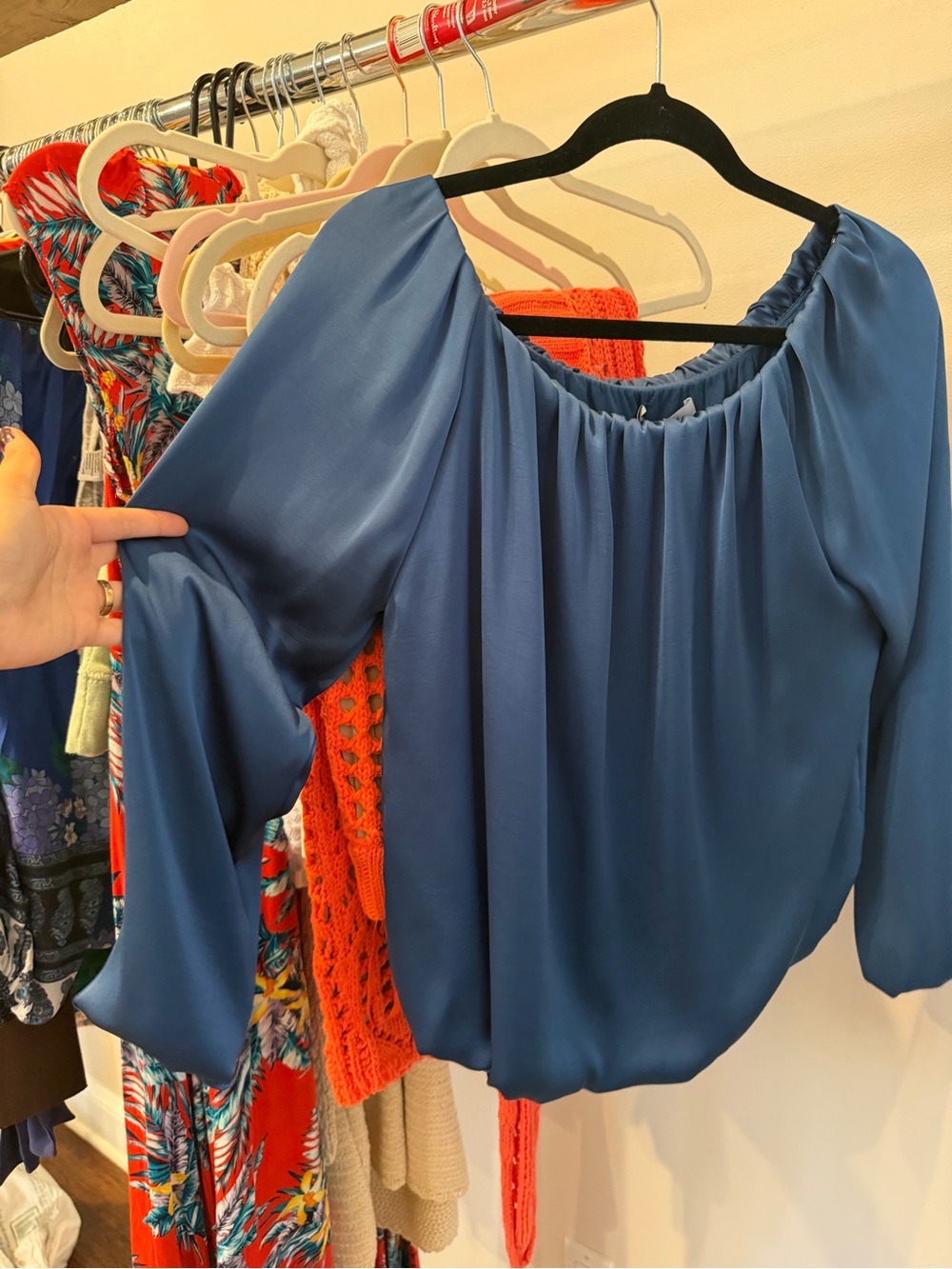 Bailey 44 Blue Satin Off-Shoulder Blouse